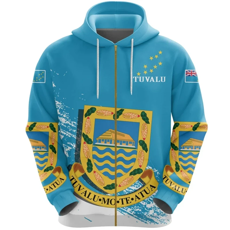 Tuvalu Flag Map Graphic Sweatshirts TV National Emblem Zip Up Hoodie For Men Clothing Casual Male Hoody Sports Boys Pullovers