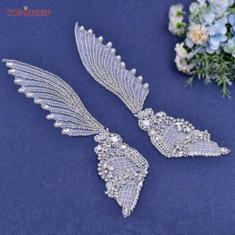 TOPQUEEN 3D Rhinestone Decal Pair Crystal Bead Handmade Patch French Bodice Applique Heavy Decal Wedding Set DIY SP55