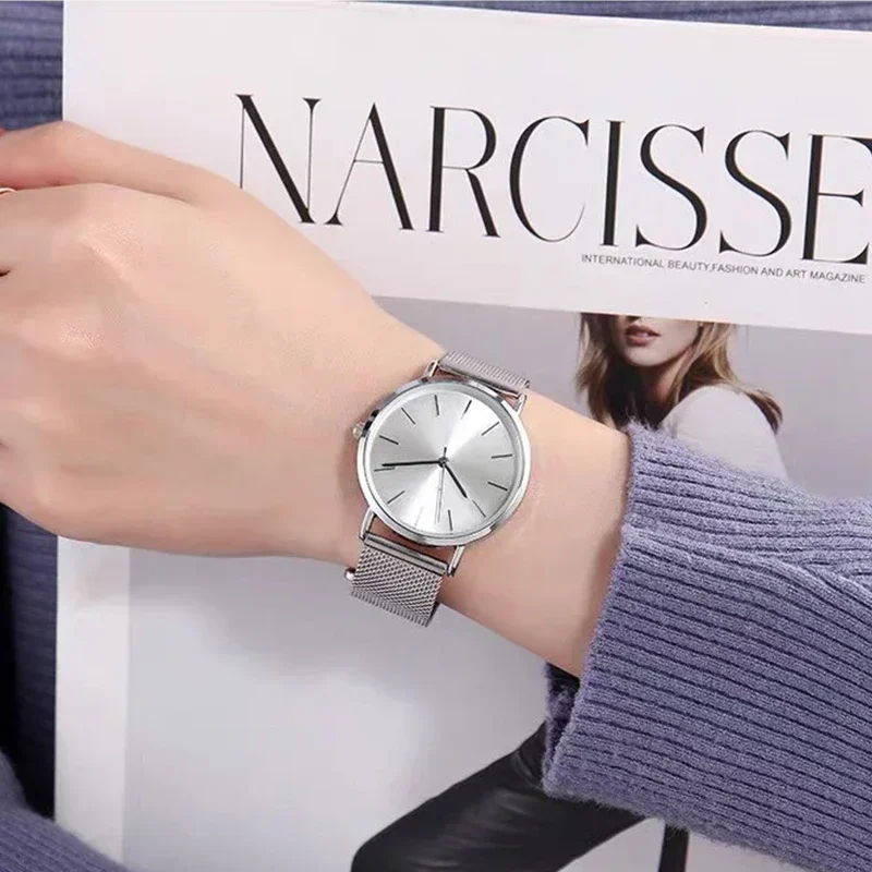 ساعة كوارتز مستديرة كاجوال للنساء ، ساعات بسوار معدني شبكي للسيدات ، موضة ، فاخرة