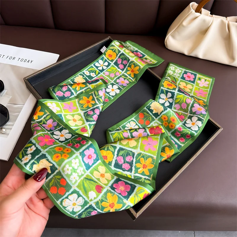 Summer Fashion Skinny Silk Scarf 145x12cm Satin Bag Ribbon Neck Foulard For Female Flower Print Hair Neckerchief Women Headband