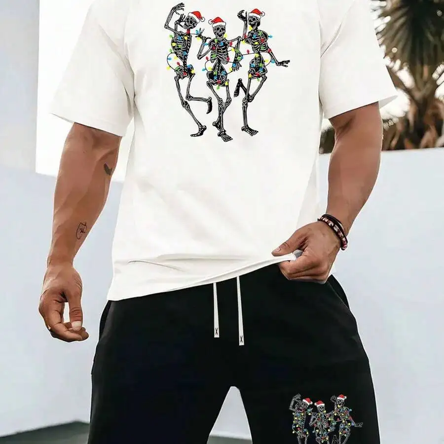 

Mens Casual Summer Two-Piece Set With Skeleton Print T-Shirt And Shorts