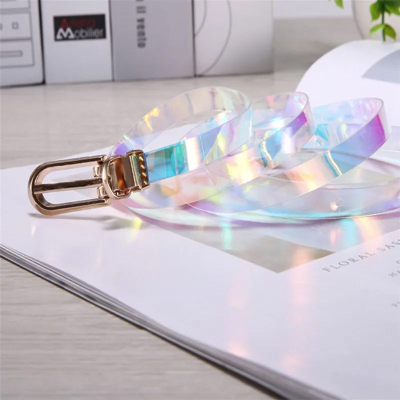 Colorful Women Belt Holographic Clear Waist Belt Metal Pin Buckle Transparent Elastic Waist Belts Synthetic Resin Waistband