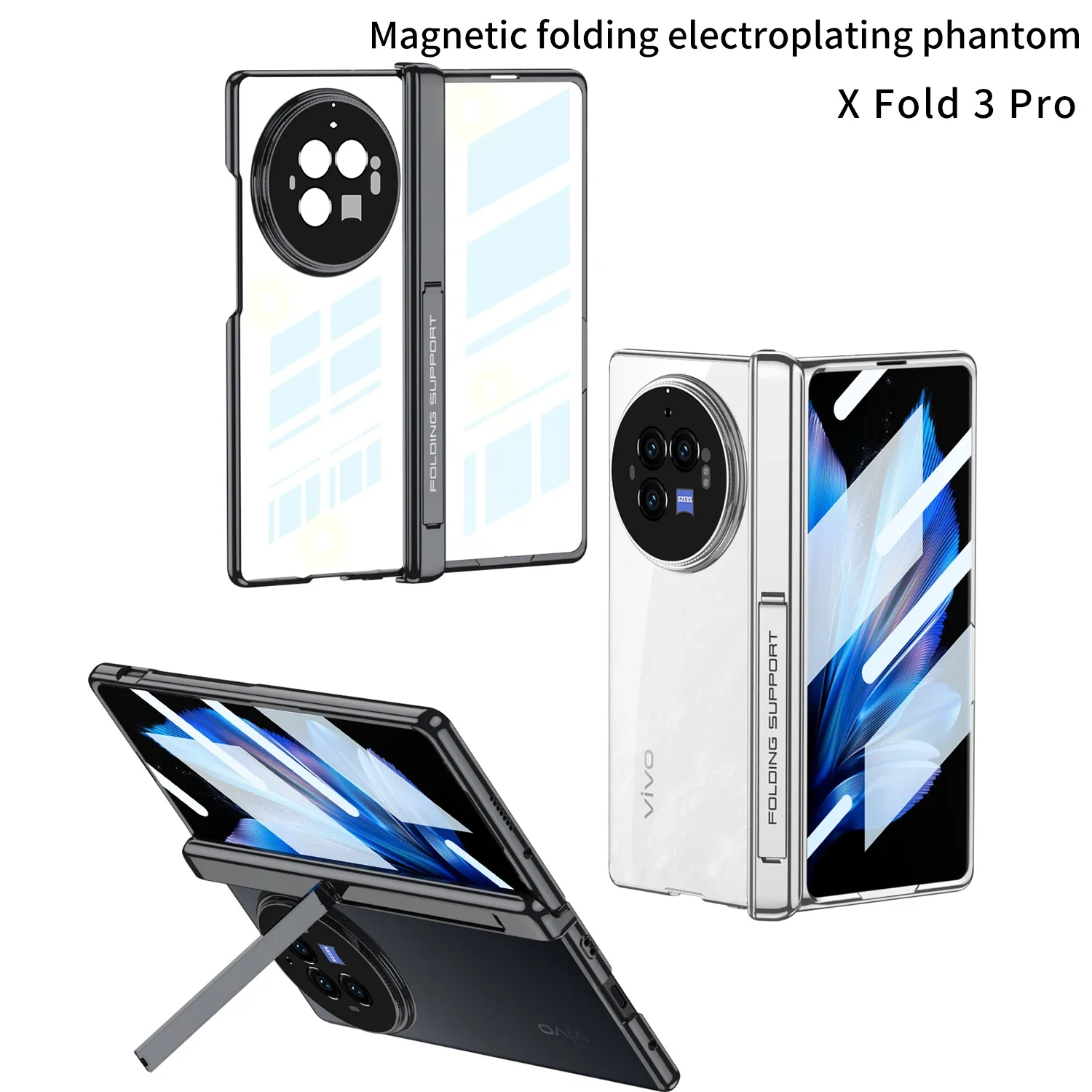 Luxury Electroplating Transparent Folding Hinge Side Bracket Case For Vivo X Fold 3 Pro With Tempered Film Shockproof Hard Case