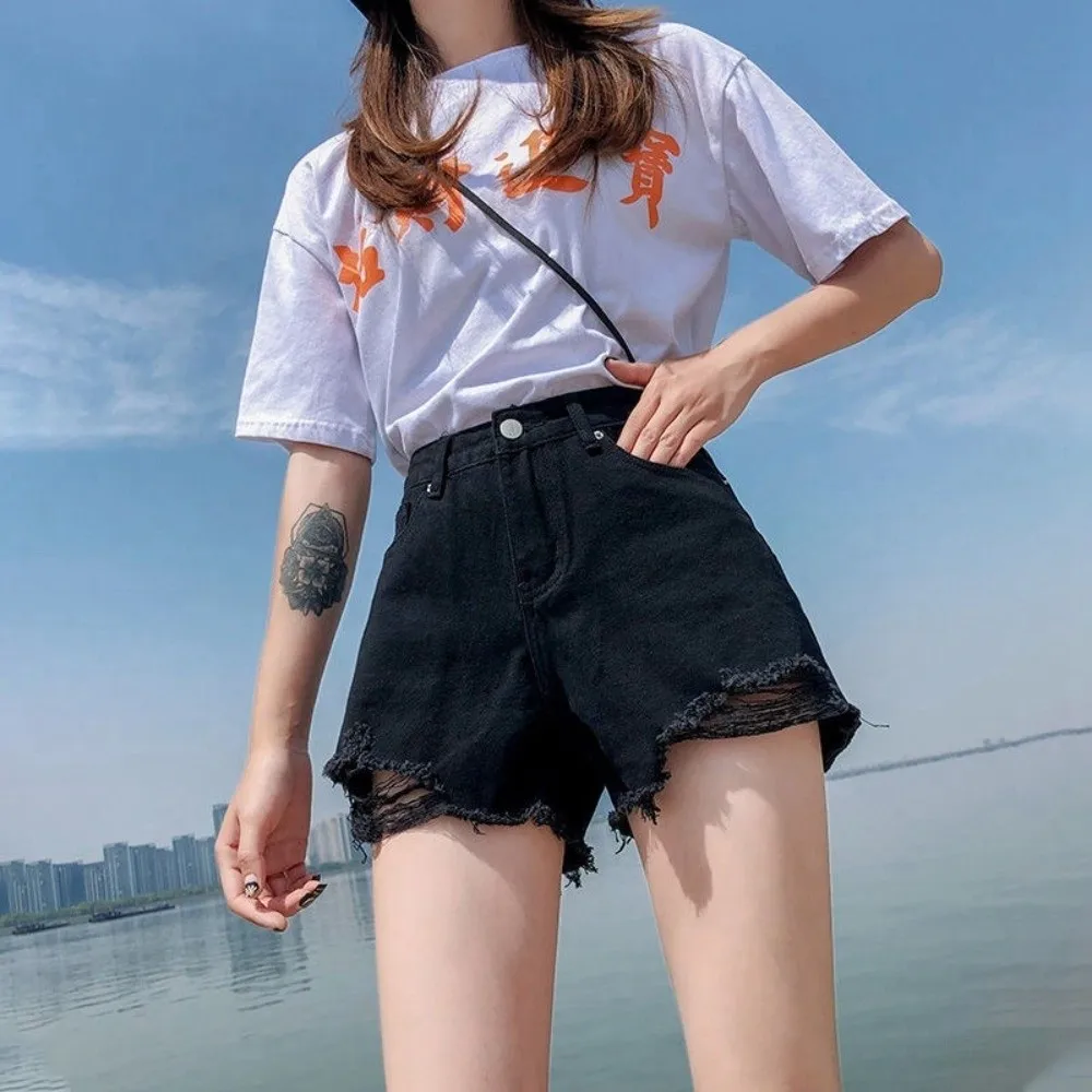 Trendy Stretchy Jean Shorts for Women High Waisted Ripped Denim Shorts Frayed Raw Hem All-match Distressed Shorts Summer Wear