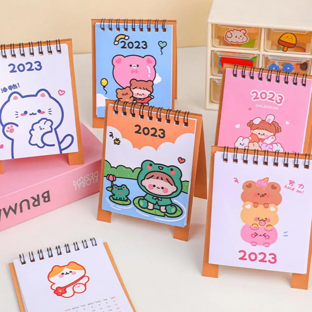 Mini calendario con patrón de dibujos animados, triángulos de giro de página suaves, horario Flexible, no es fácil de romper, 2022-2023, Mini Calendario de escritorio