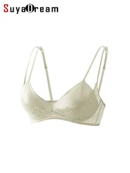 SuyaDream,Women Lace Bras, 93%Silk 7%Spandex, Wire Free, Thin Padded Cozy Bra, 2025 New Intimates, Black, Champagne