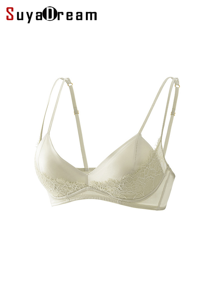  SuyaDream,Women Lace Bras, 93%Silk 7%Spandex, Wire Free, Thin Padded Cozy Bra, 2025 New Intimates, Black, Champagne 