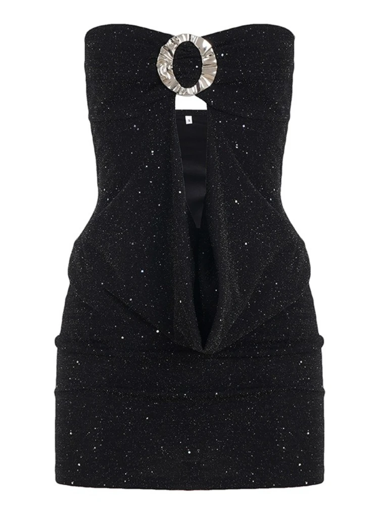 SsTss Vestido feminino sem alças, sólido, sexy, círculo de metal, fivela, corte frontal, sem mangas, slim, bodycon, mini vestido tubo para festa, clube