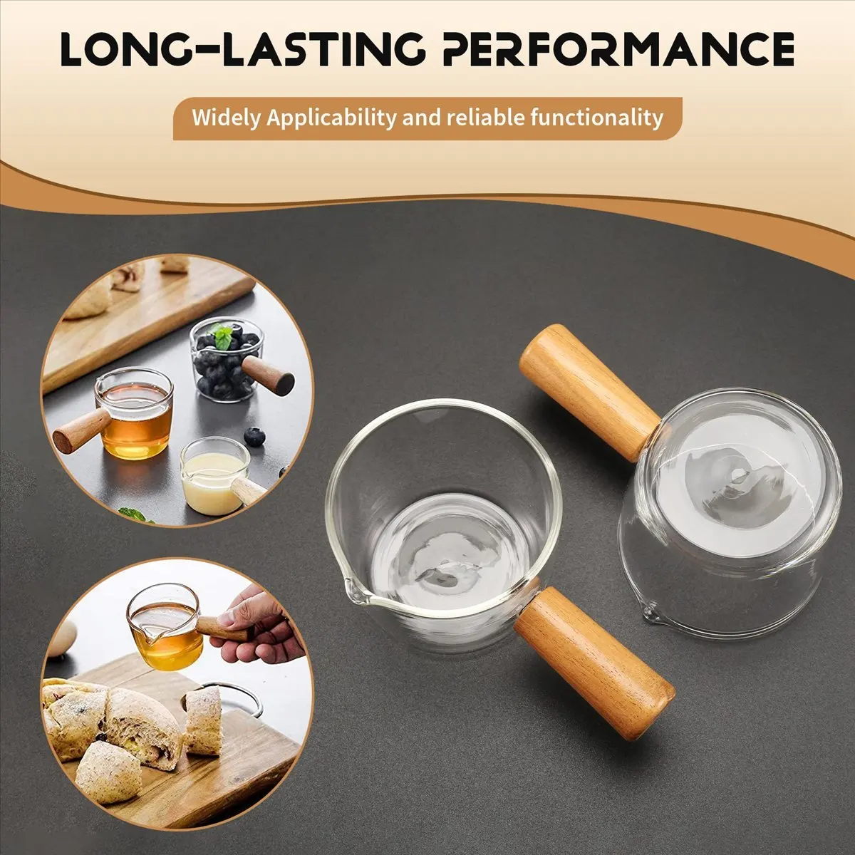A47T 2PCS Transparent Glass Creamer with Wooden Handle, Mini Coffee Milk Creamer Pitcher. 100Ml