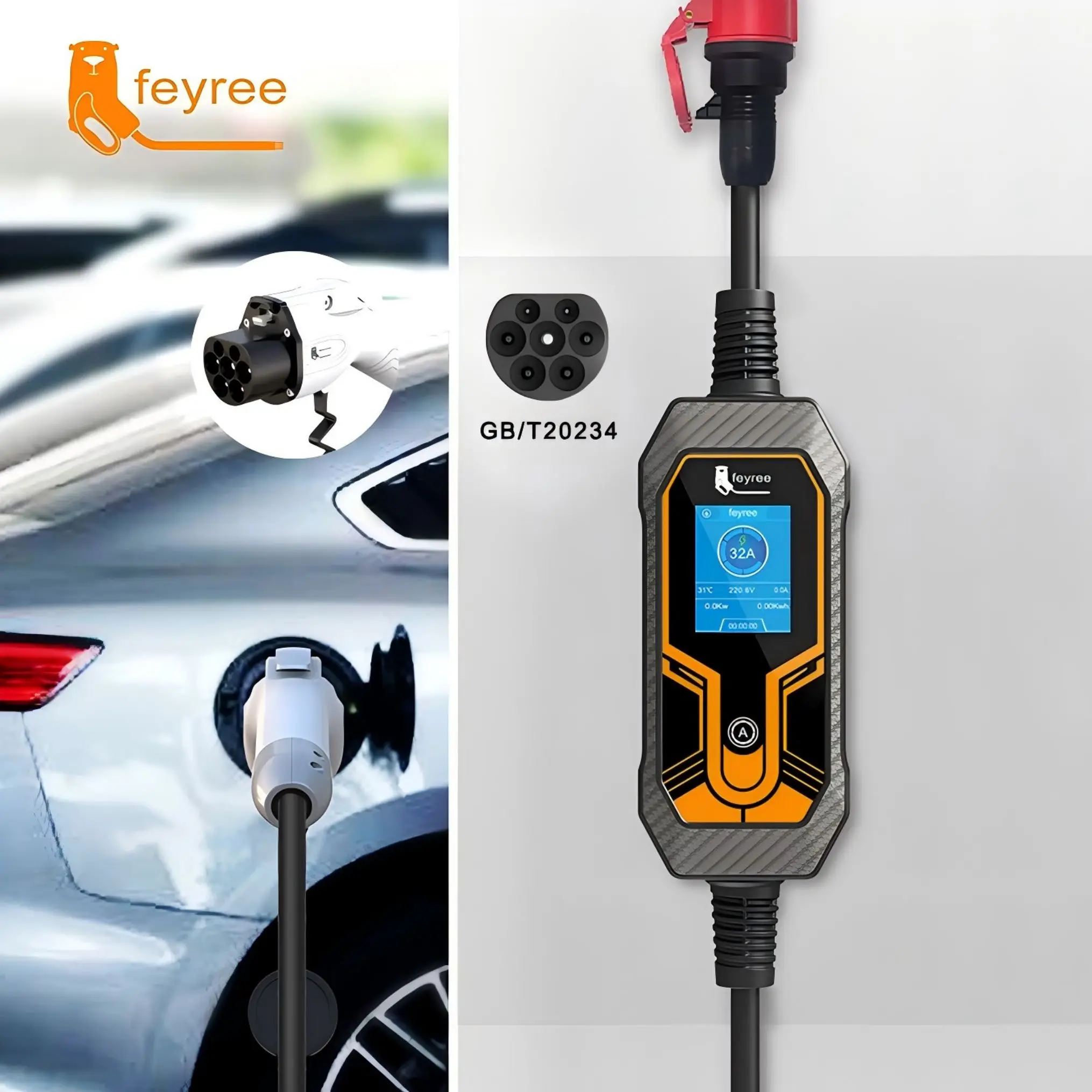 Feyree Di Động EV Sạc Wallbox GB/T Dây 16A Cáp 3.5KW 1Pha 32A 7KW Đế Sạc 11KW 3 pha Điện Cho Ô Tô