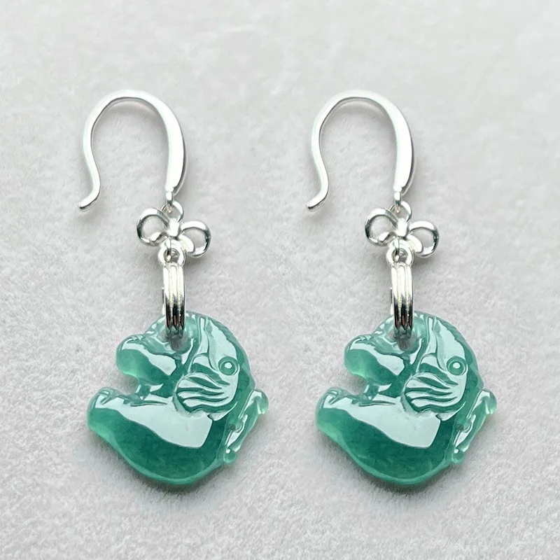 

A Blue Myanmar Jadeite Elephant Earrings Emerald Fashion Accessories Vintage 925 Silver Natural Burmese Jade Real Jewelry