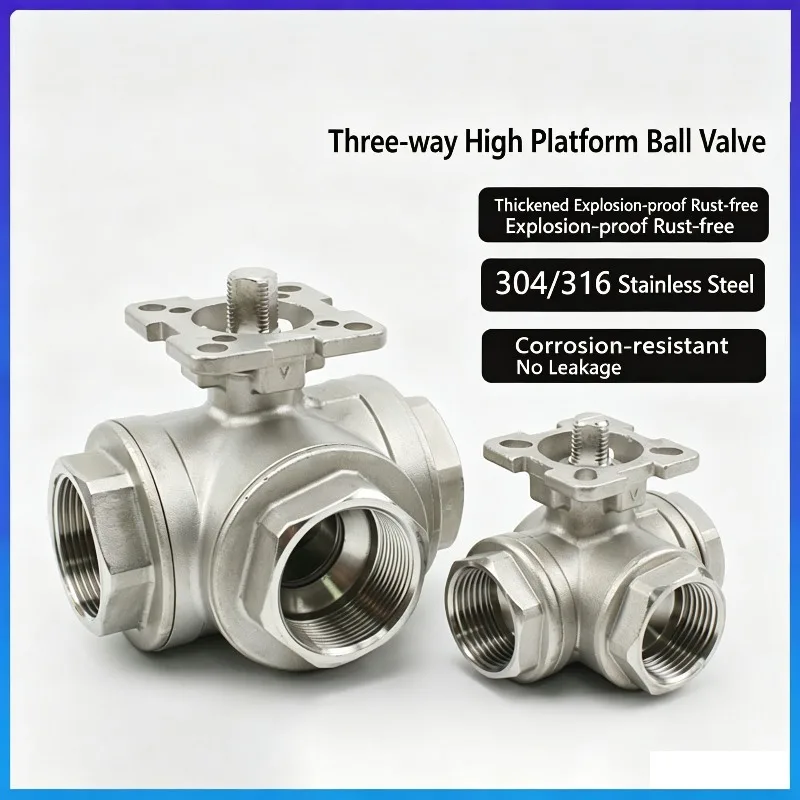 DN8-25 Three Way Pneumatic High Platform Ball Valve Stainless Steel Three Way Valve Pneumatic Internal Thread Valve Body