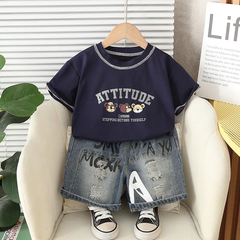 Summer Suits for Baby Clothing Kids Letter Cartoon Short Sleeve T-shirt + Denim Shorts Toddler Boy Fashion Clothes Outfits 0-5Y