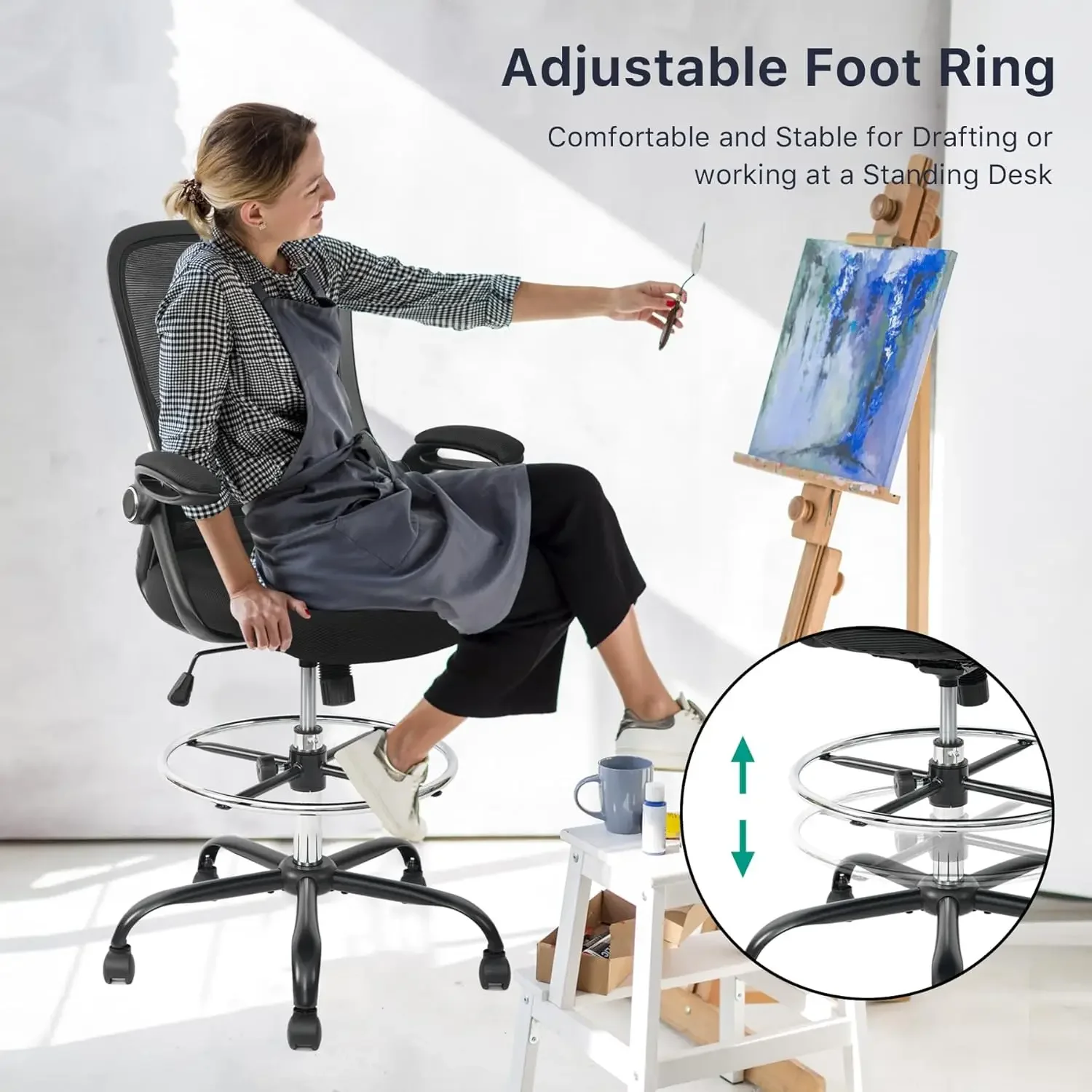 [Discounted Price!]Drafting Chair Tall Office Chair High-Back Mesh Standing Desk Stool with Adjustable Footrest Ring and Flip-Up