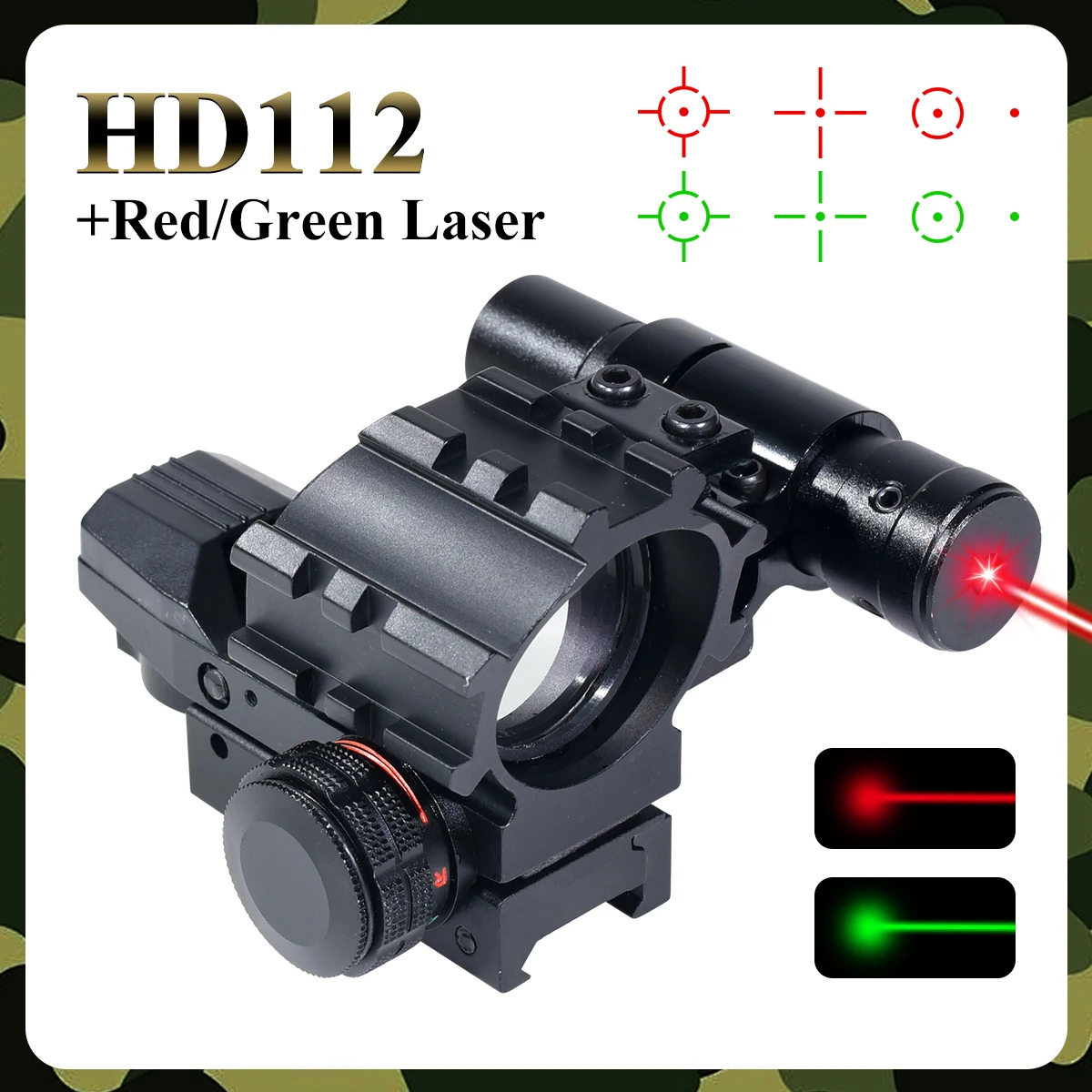 HD112 Holographic Red Dot Sight Optics Red/Green Reflex 4 Reticle with Laser Tactics Combo Fit Pistol Rifle Airsoft Accessories