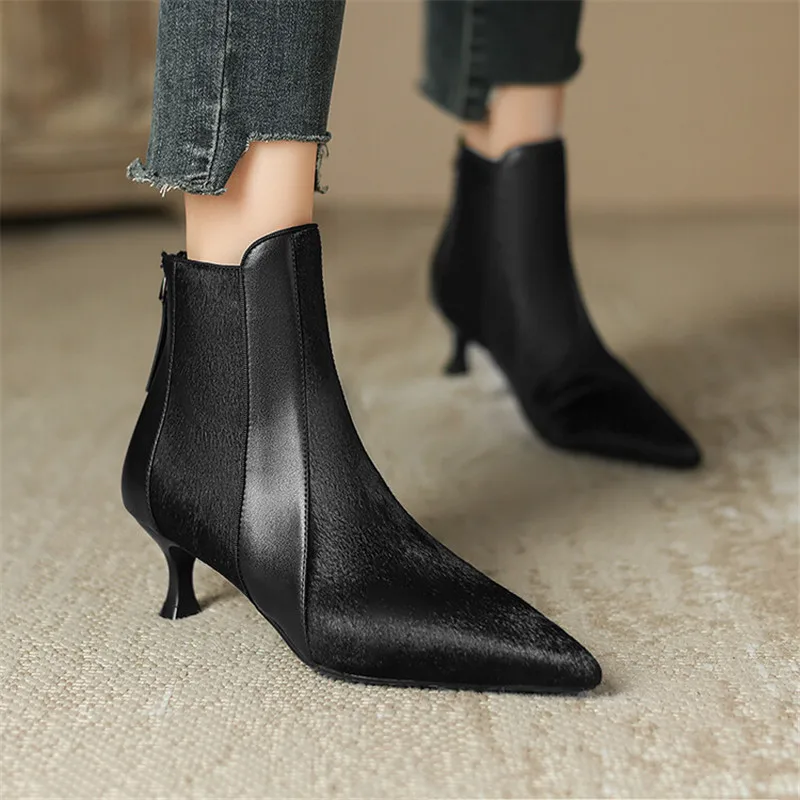 

2024 New Autumn Horse Hair Patchwork Short Boots Pointed Toe Boots Shoes for Women Winter High Heel Boots Women Fashion comfort