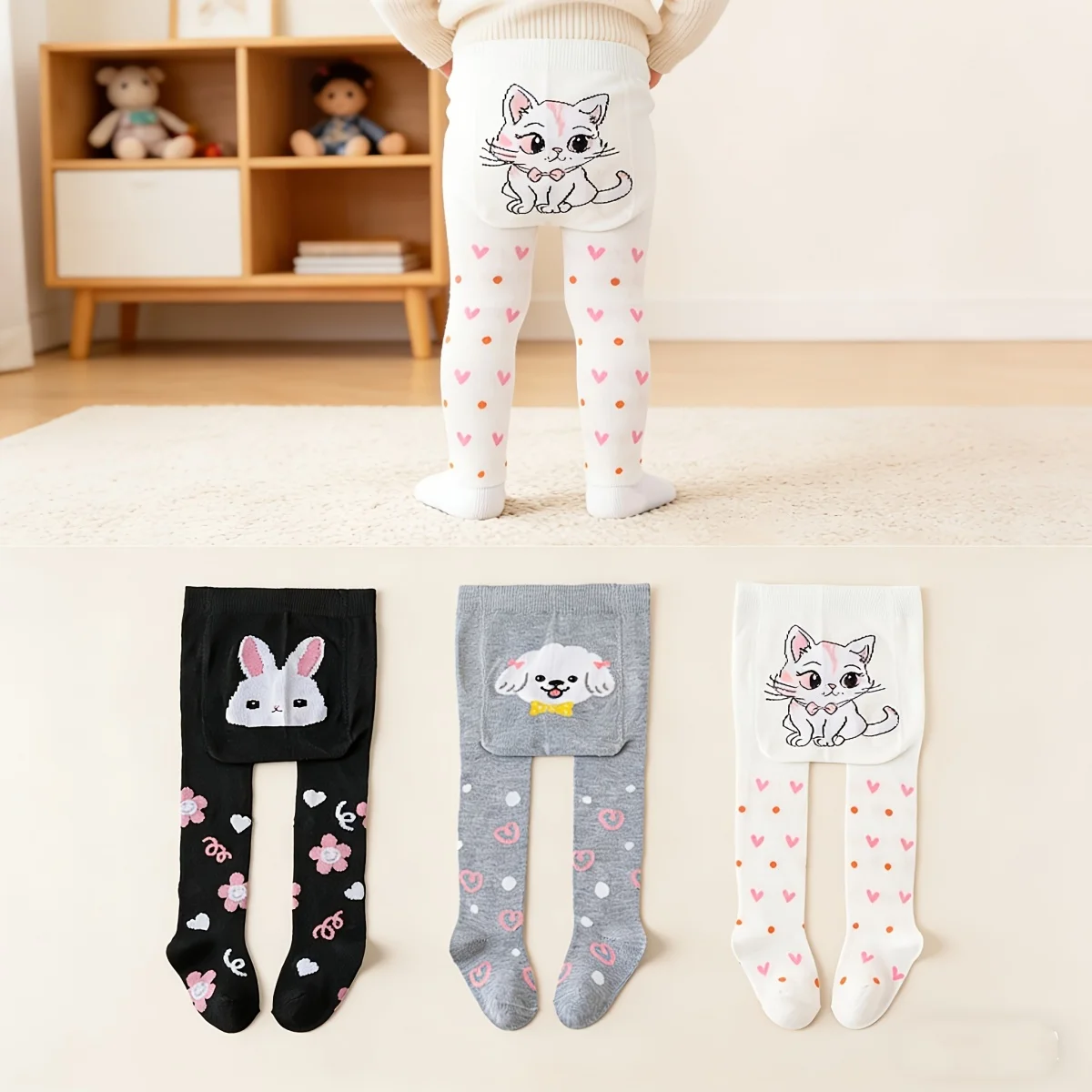 3-pack baby pantyhose with cute animal patterns, comfortable, breathable and fashionable, suitable for daily life, dance and cam