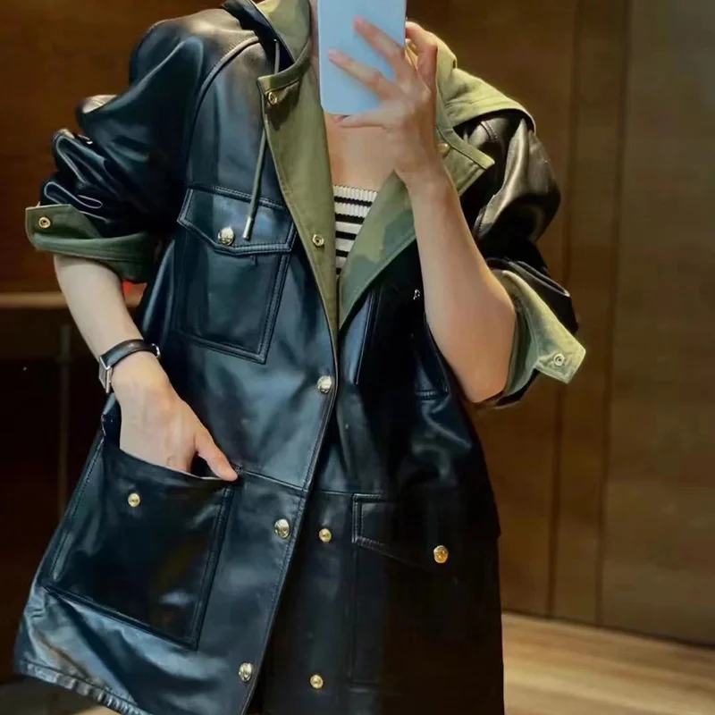 

2024Genuine leather jacket autumn and winter new Yang Mi same style sheepskin hooded casual work jacket with two sides for