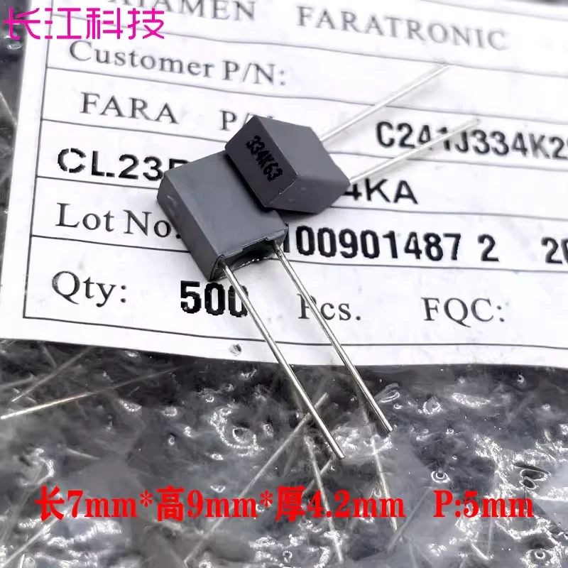 

CL23B Xiamen Farad 0.33uf 330nf 334 63v 100v copper pin thin film capacitor C24 P5