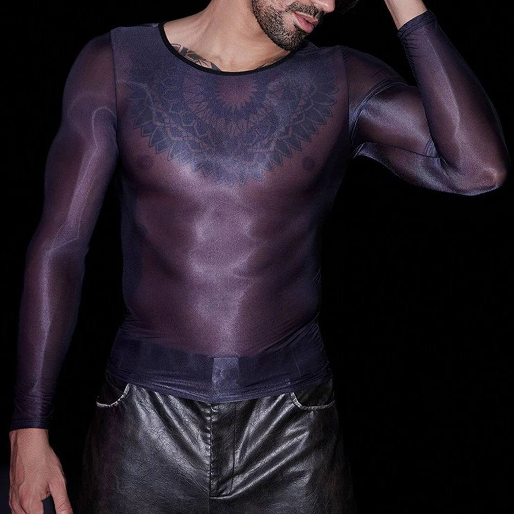 For Autumn For Male Long Sleeve Top Men Underwear Nightwear Sleepwear Elastic High Stretch Nightwear See Through