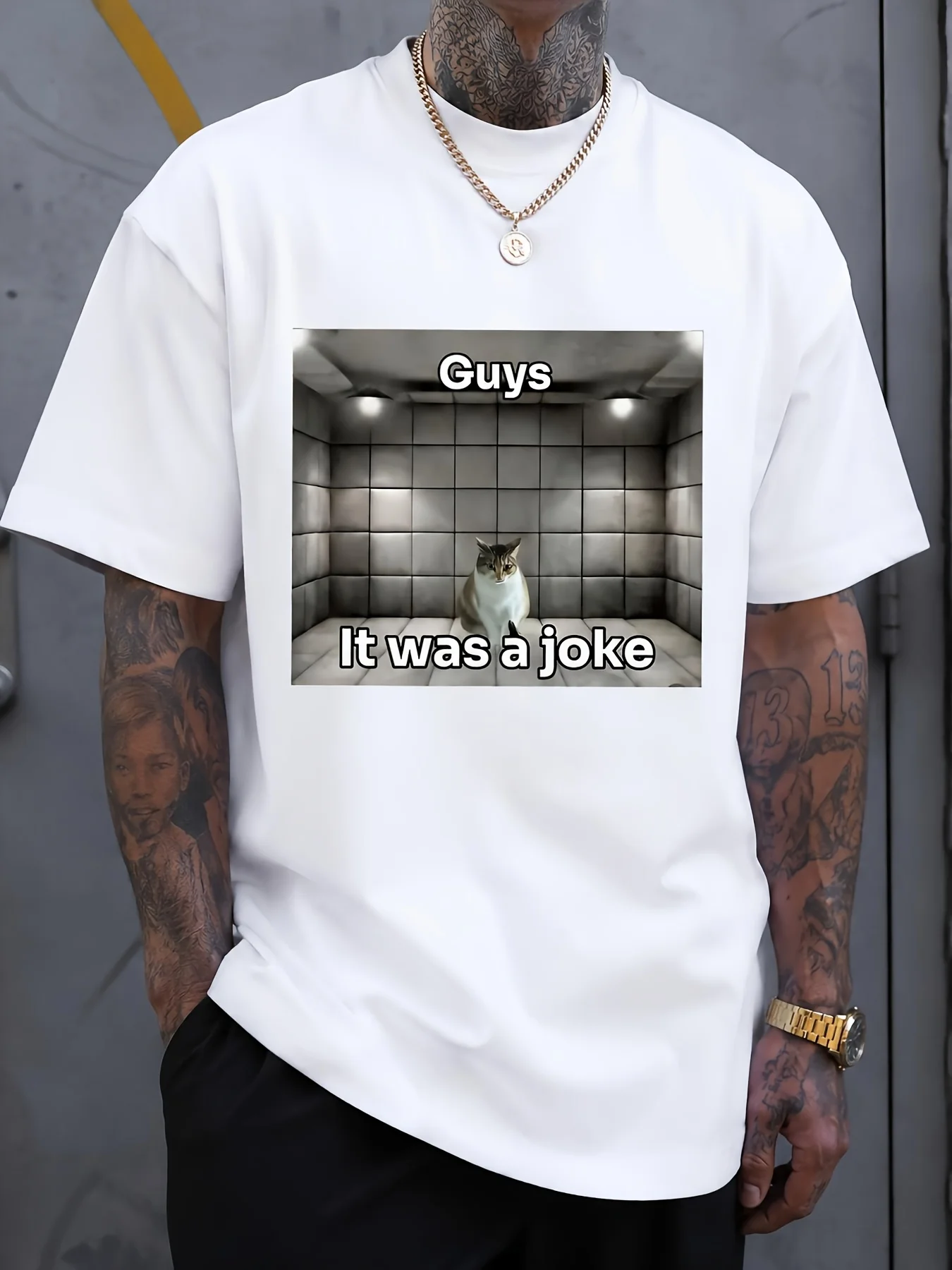 Men'S Graphic T-Shirt Funny Cat Meme 'Guys It Was A Joke' Interrogation Room Design, Casual Loose Fit Short Sleeve Tee