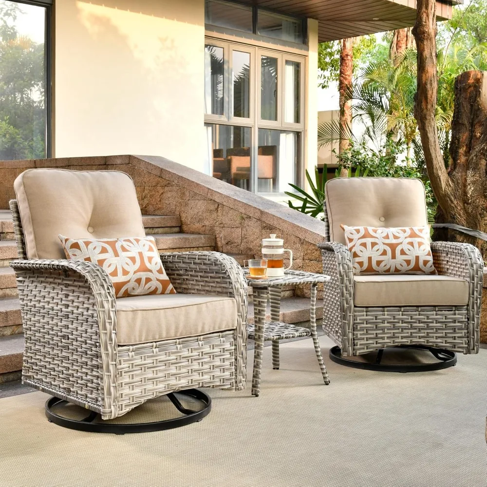 

Outdoor Swivel Rocking Chair Set of 3 with Coffee Table, Patio Wicker Rocker with Comfortable Thicken Deep Seating, Comfy Ratta