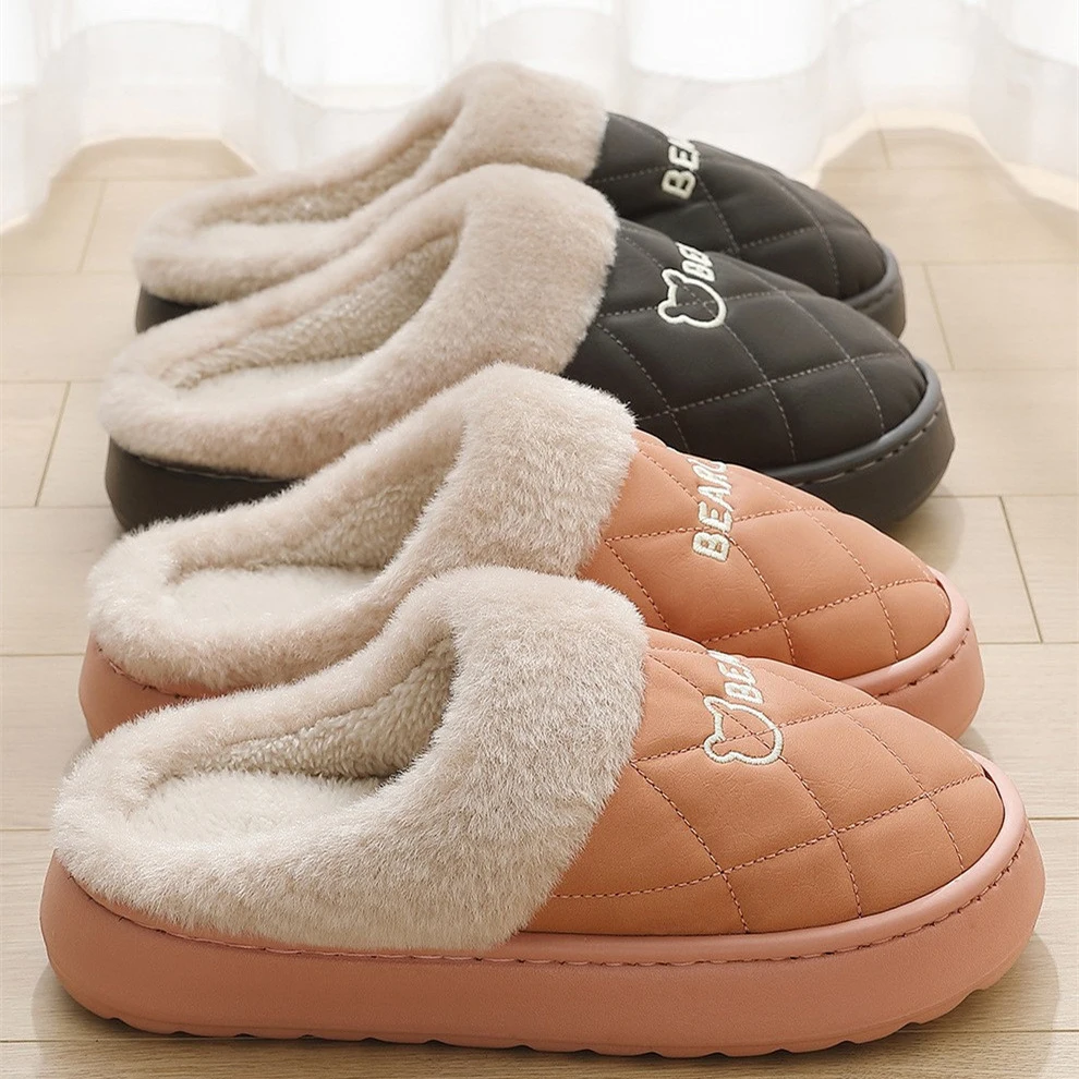 

Women Furry Slippers Outdoor Waterproof Plush Slides Casual Flats Indoor Anti-slip Platform Shoes Couples Fluffy House Slipper