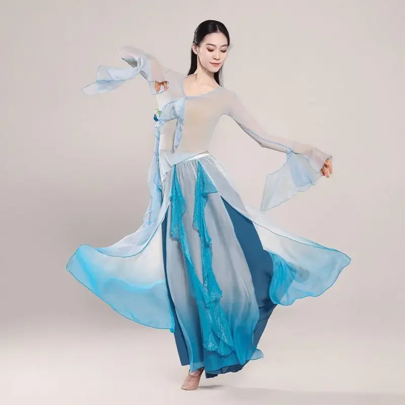 Vestido de gasa de hoja de loto de estilo Hada de danza clásica de estilo chino, falda elegante para mujer, traje de práctica de danza étnica china