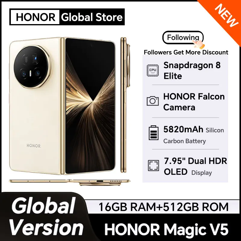 HONOR Magic V5 Global Version Foldable SmartPhone Snapdragon 8 Elite 7.95'' Dual HDR OLED Display 66W Wired 50W Wireless NFC eSIM