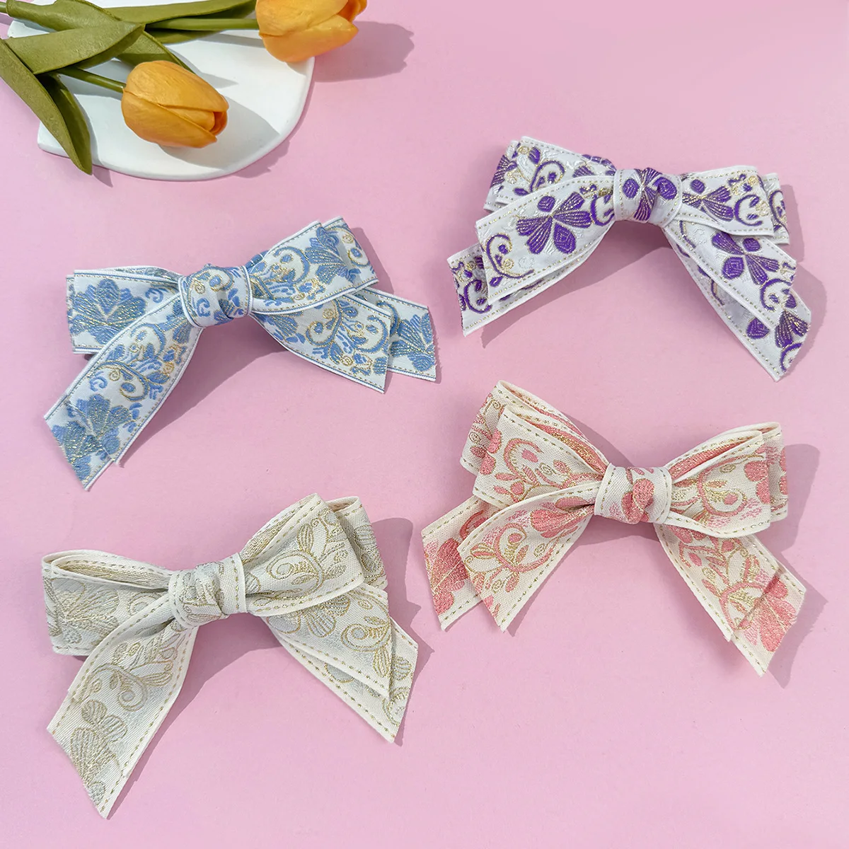 

20 Pcs/Lot, 5.5“ Flower Embroidery Ribbon Bow Hair Clips For Women Girls Double Bowknot Hairpins Fashion Hair Accessories