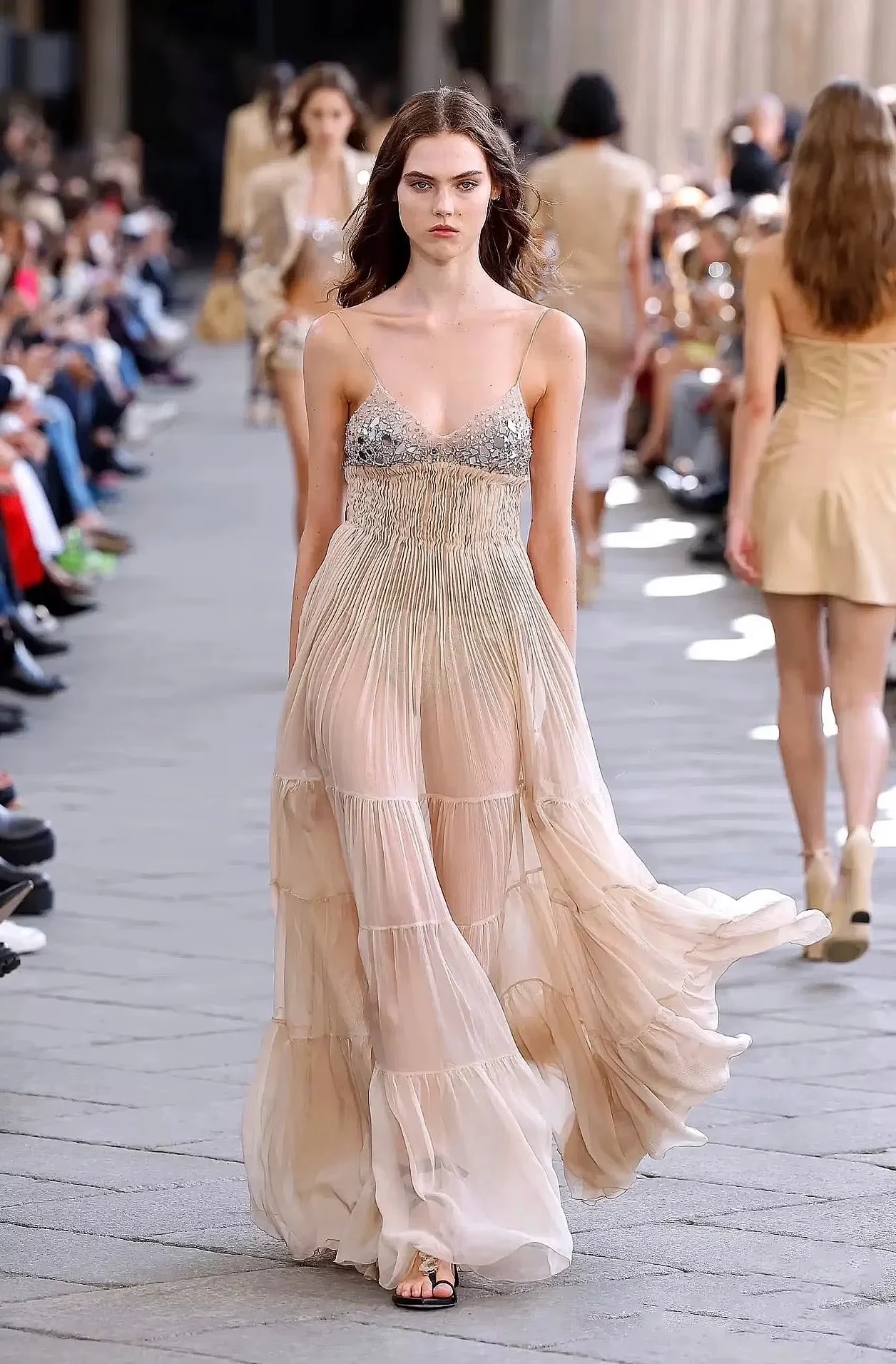 Runway Champagne Silk Chiffon Maxi Dress Sparkly Rhinestone Pleated Tiered Summer Gown Women