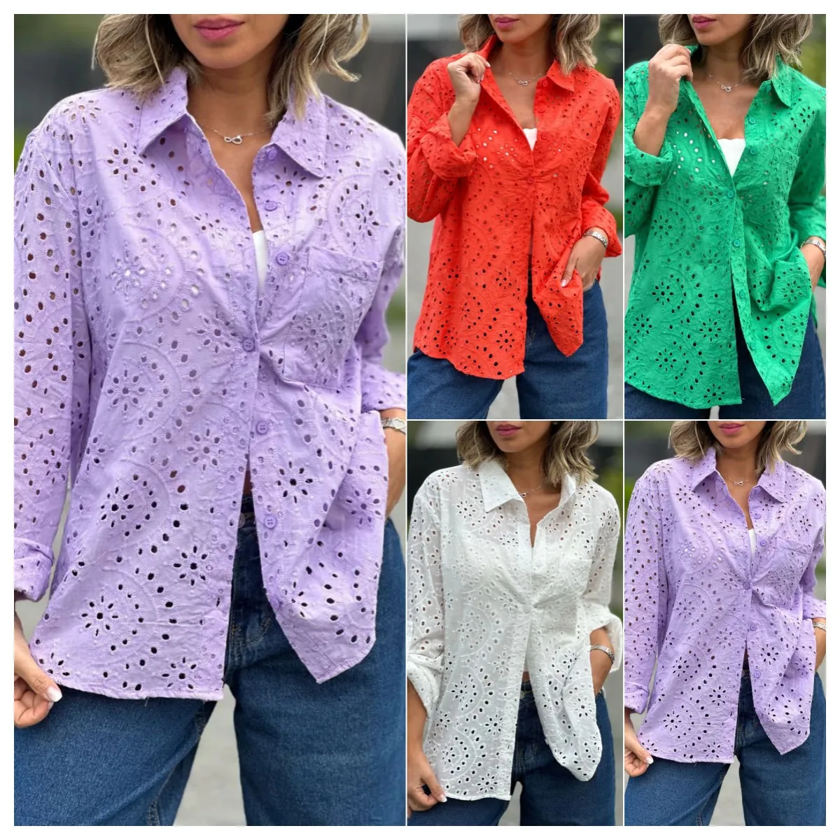 

Loose Large Size Embroidered Hollow out irt Collar Pure Color Top Women's Spring Autumn Faion Comfortable Breathable Blouse