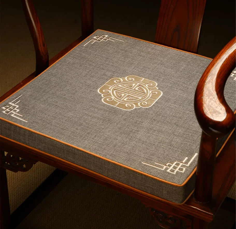 New Chinese Style Embroidery Chair Cushion Linen Fabric Square Seat Pad Non-slip Thick Cushion for Mahogany Round Chair Tea Room
