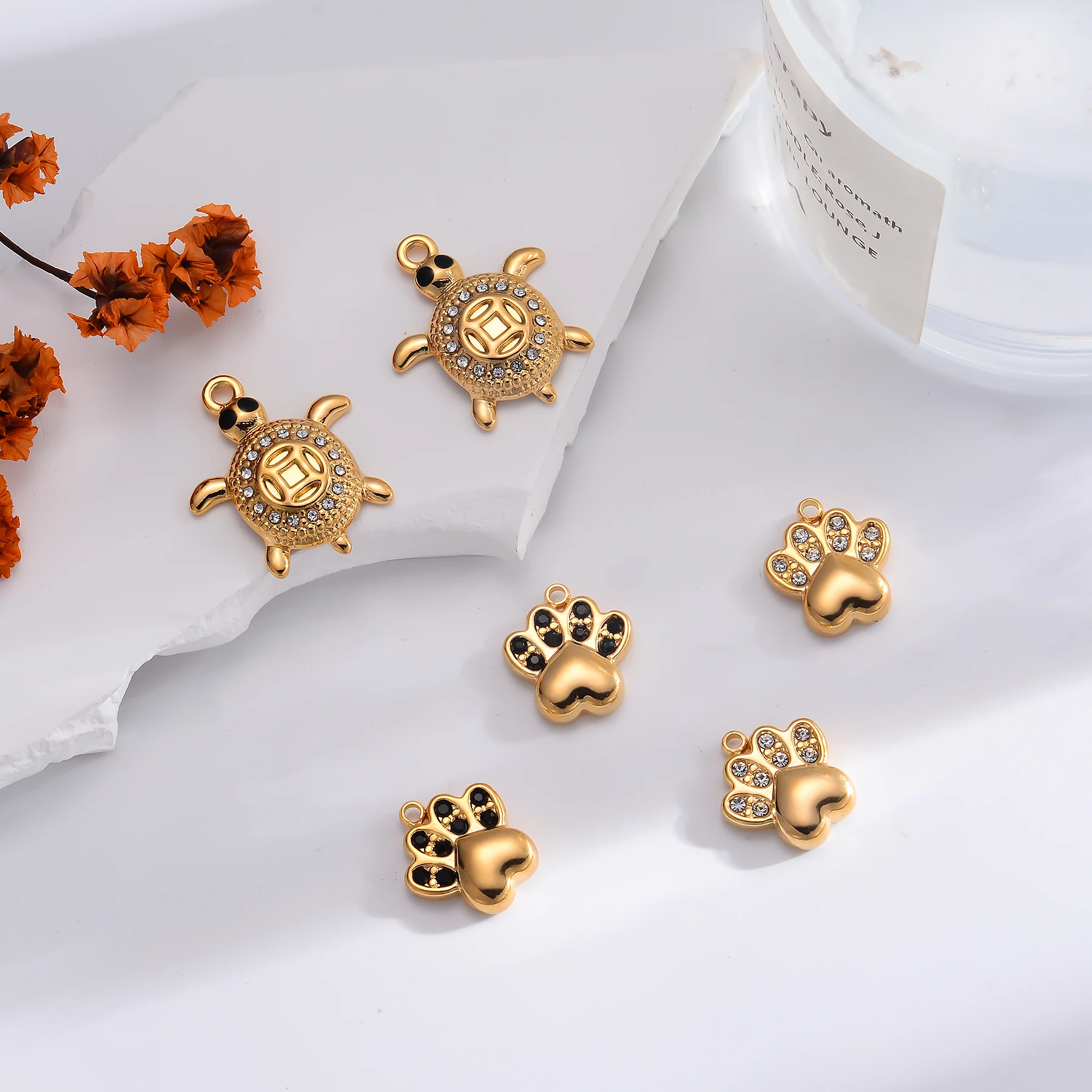 2 قطعة إكسسوارات السلحفاة الحيوانات الأليفة مع سحر حجر الراين DIY بها بنفسك صنع سوار الفولاذ المقاوم للصدأ قلادة أقراط المعلقات #6