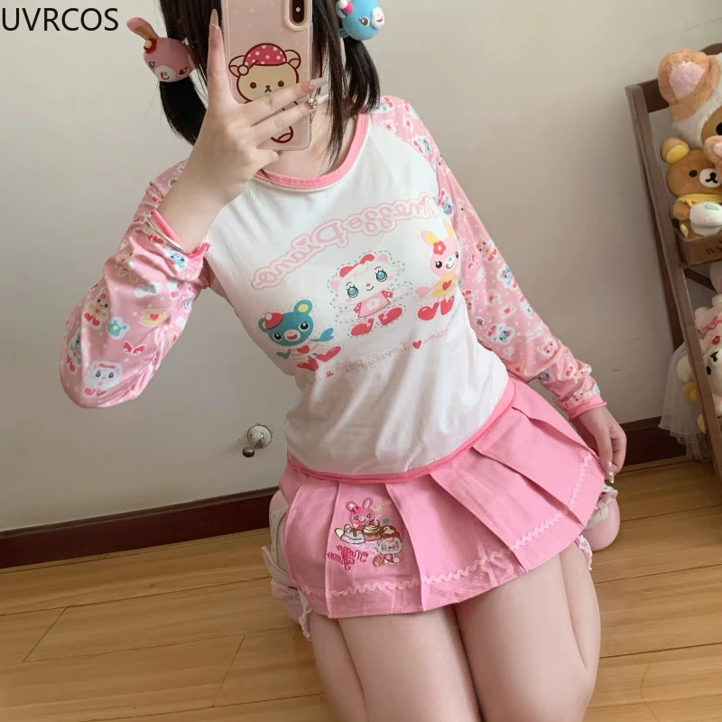 Japanese Kawaii Lolita Style Skirt Set Women Sweet Cute Cartoon Print Tshirts Top Pink Embroidery Cake Mini Skirts Cute Y2k Suit