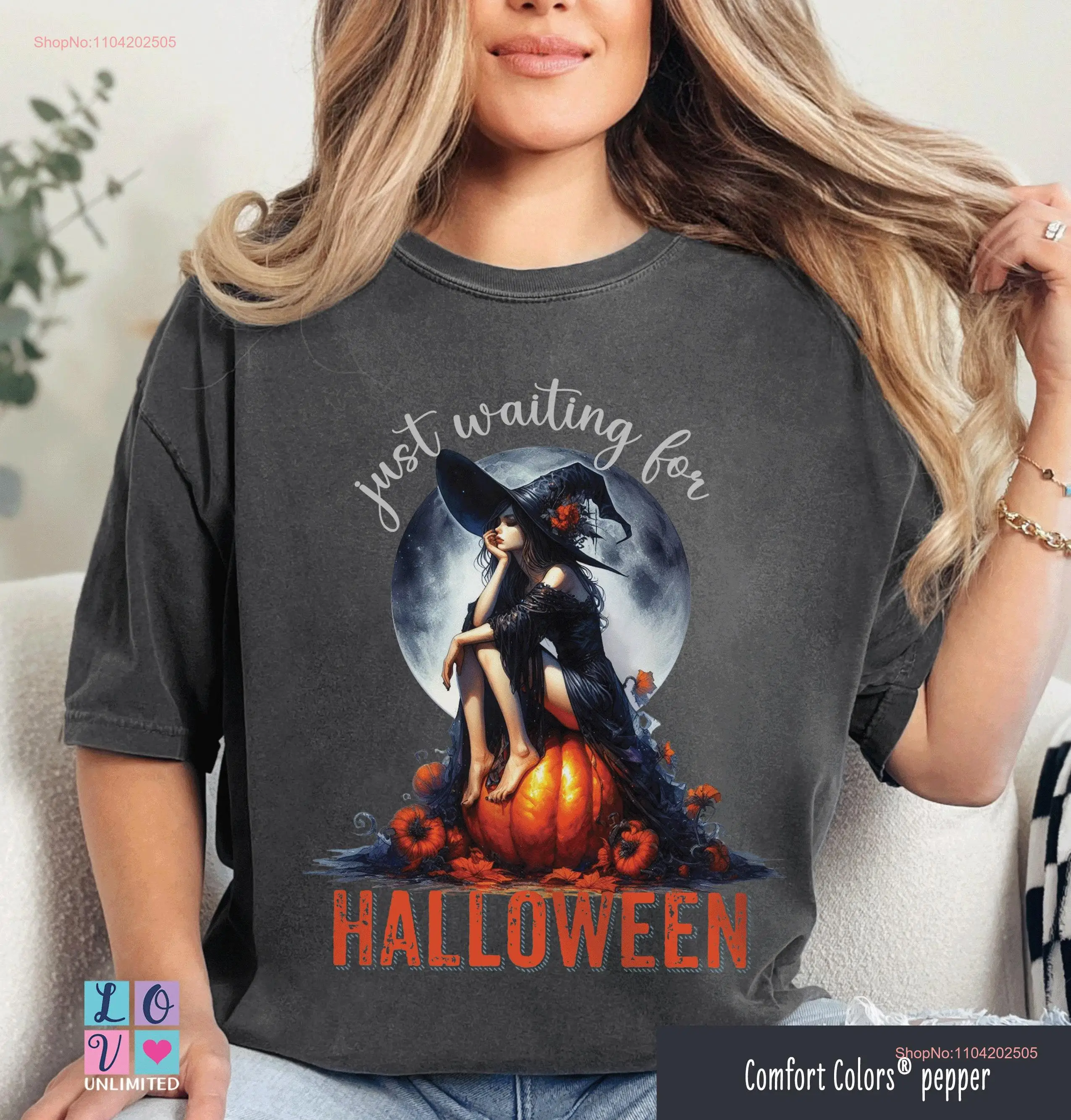 Just Waiting For Halloween Comfort Colors T Shirt Funny Witch Girl Pumpkin Spooky Cute long or short sleeves