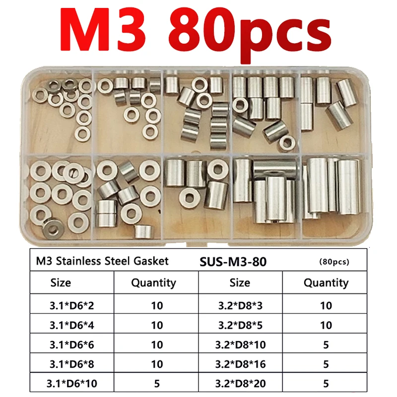 

80pcs M3 Stainless Steel Bushing Washer Gasket Unthreaded Round Hollow Standoff Spacer Sleeve Kit Set