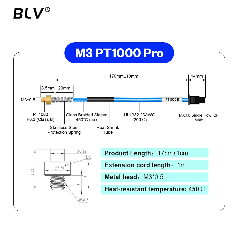 BLV ®   Termistore PT1000 M3 M4 Orso 3x15mm PT1000 Pro Resistenza alle alte temperature 450 ℃   Per Rapido hotend Dragon hotend