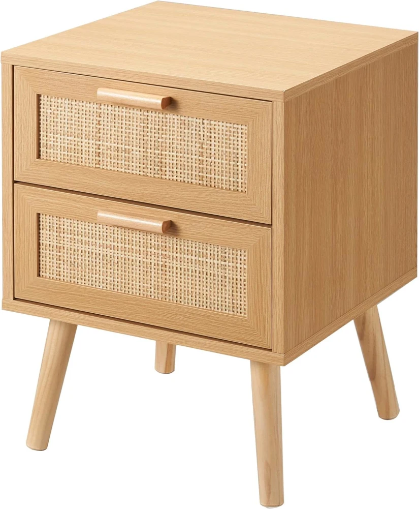 Wholesale Bedroom Furniture Rustic Natural Wood Bedside Table Nightstand With Two Rattan Drawers
