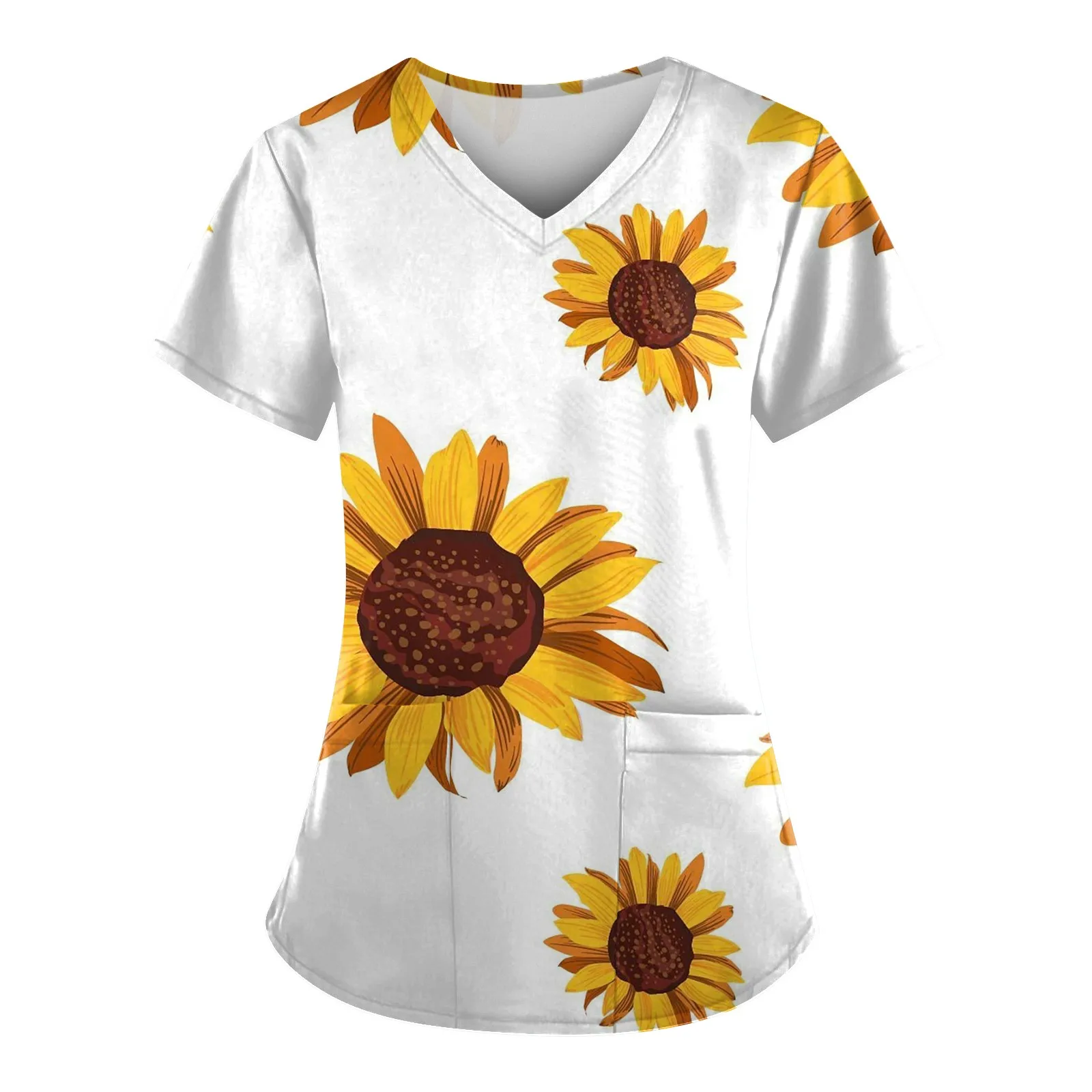 Women's Sunflower Printed Short Sleeve V Neck Nurse Uniforms Tops With Pocket Scrubs Costume Top Workwear Working T-shirts