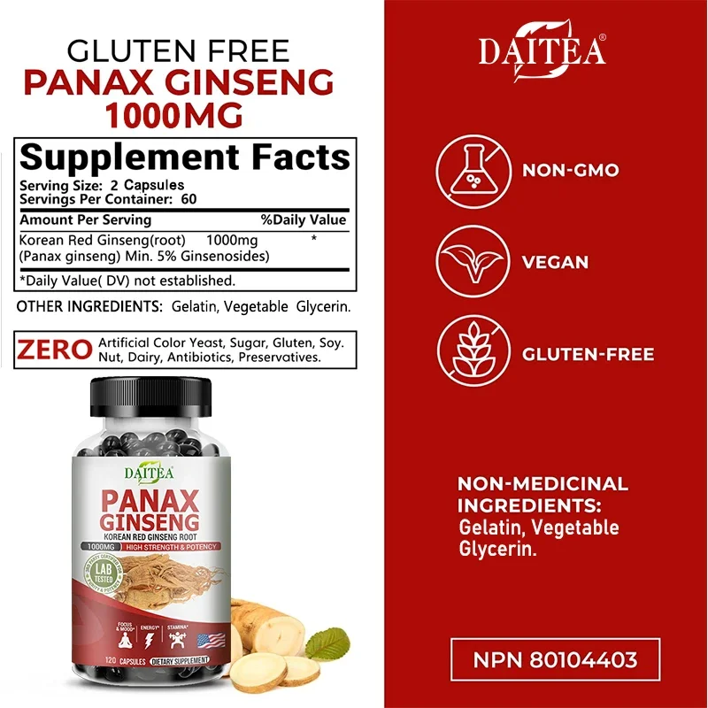 Kapsul Daitea Korea Ginseng merah (5% Ginsenosides) 1000 Mg-otot, energi & ketahanan-non-gmo