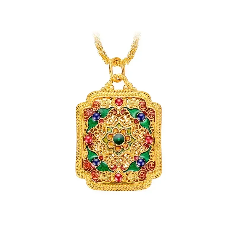 999 real gold 18K yellow gold Ethnic Style Filigree Filigree Burned Blue Flower Pendant