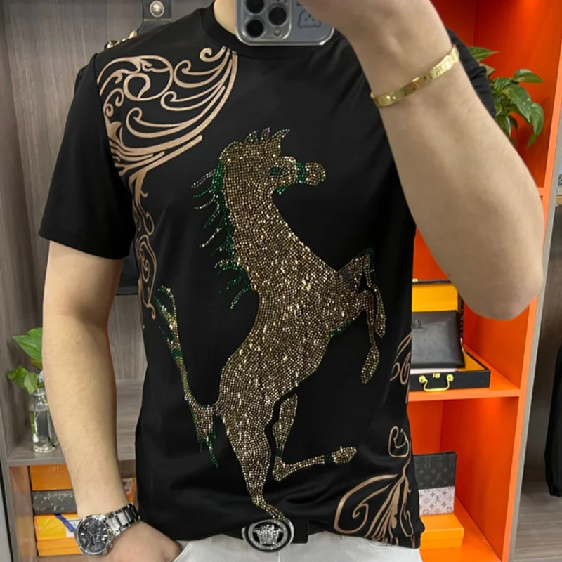 Summer Top O-neck Short Sleeve T-shirt Men Summer Men Tshirt Animal Rhinestones Tshirt Men Social Club Outfits Tee Shirt Homme