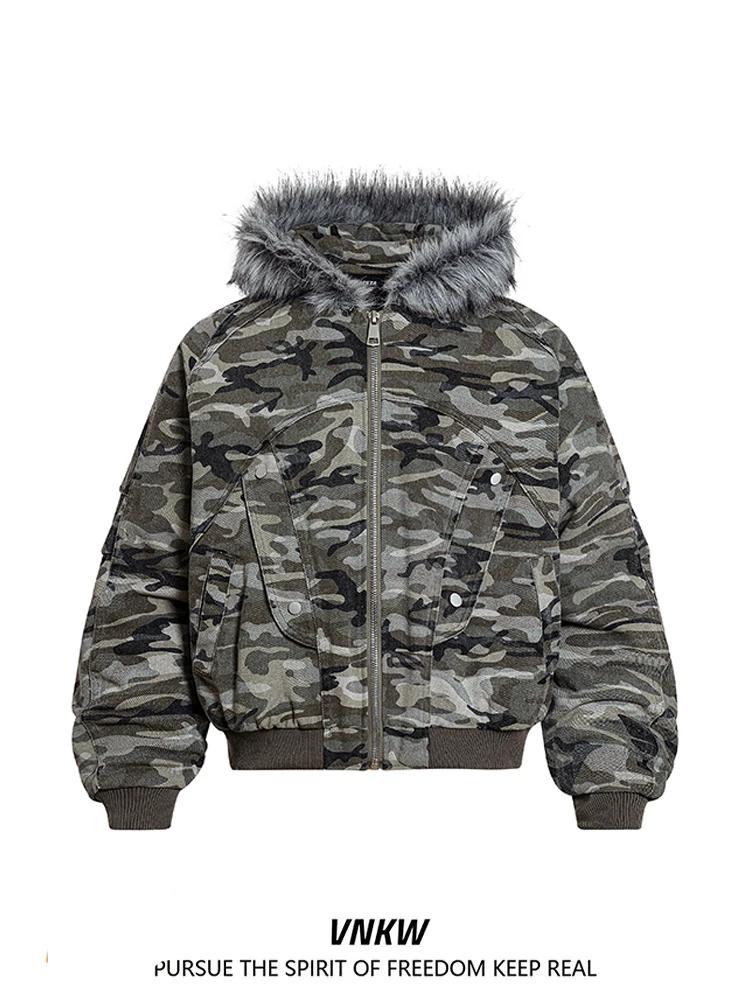 

American Retro Camouflage Hooded Cotton Jaet Thiened Warm Loose ex Trendy Coat Men's Women's Faion Casual Wear