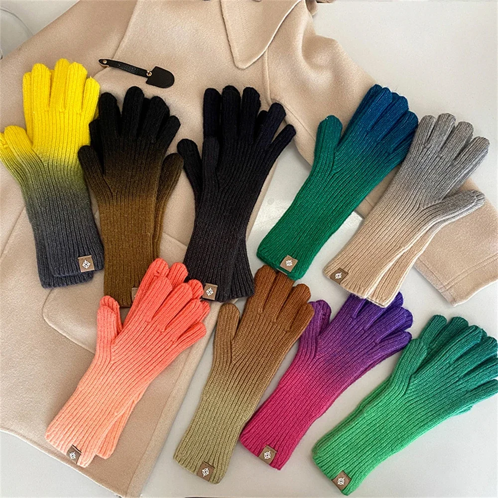 Winter Gloves for Women New Gradient Touchscreen Gloves Stretch Knit Warm Arm Mittens Outdoor Non-Slip Exposed Finger Guantes