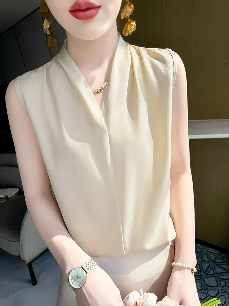

Шелковый атласный жилет из ацетата, женский летний новый жилет с v-образным вырезом из настоящего шелка, белый цвет, базовый костюм, внутренний топ, свободный крой, для поездок на работу, сле