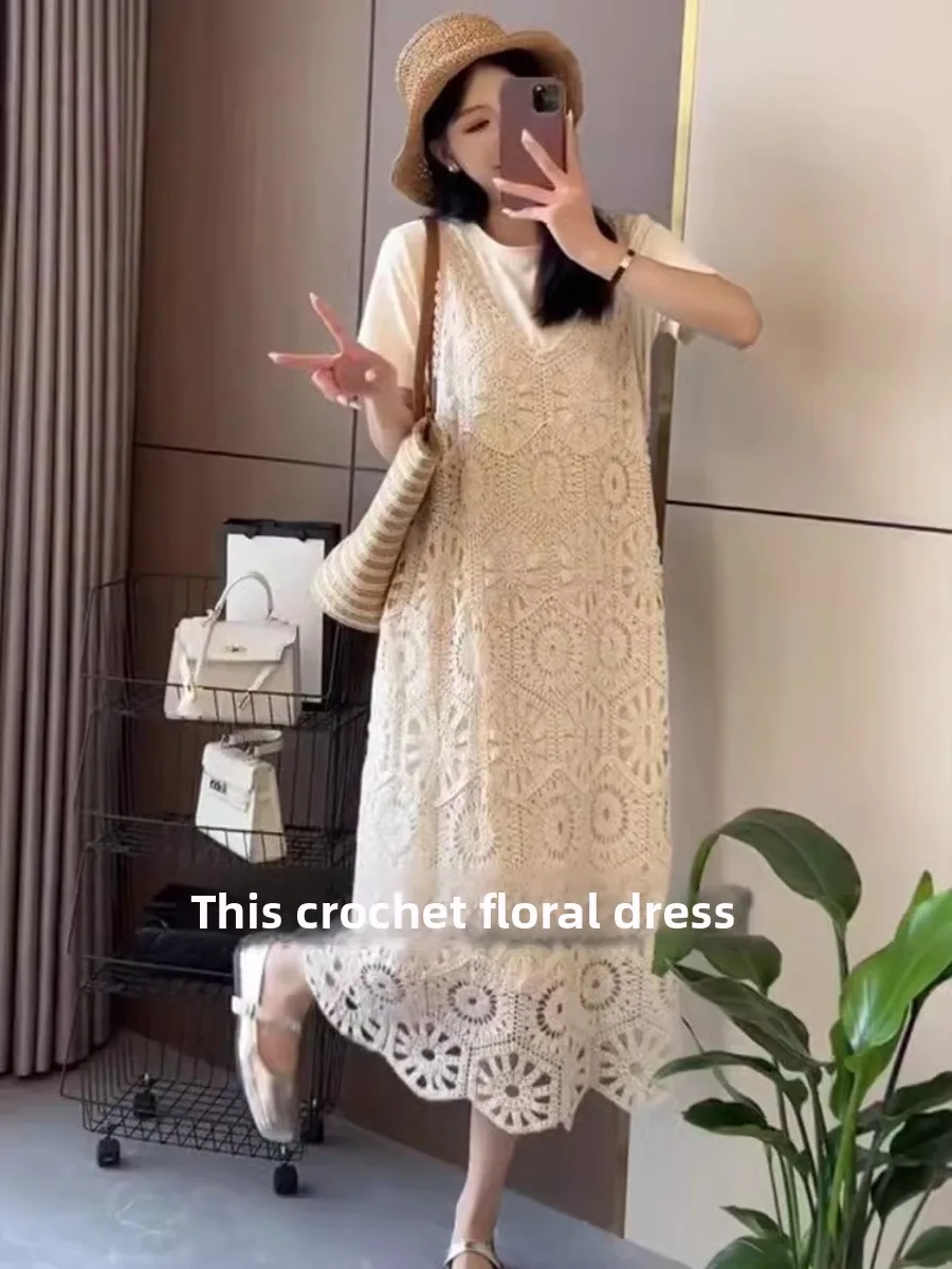 Ele T-shirt scavata e Dr Set Abito estivo di media lunghezza coreano allentato da donna con ricami floreali