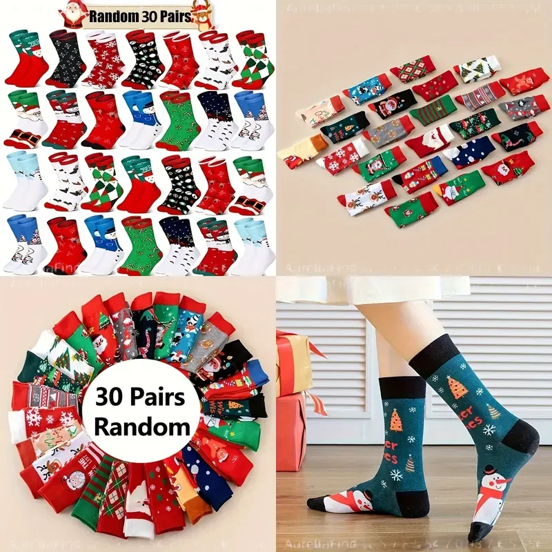 30 Pairs Random Christmas Socks Fun Reindeer Snowflake Santa Claus Tree Gingerbread Cartoon Pattern Warm Holiday Gift for Men