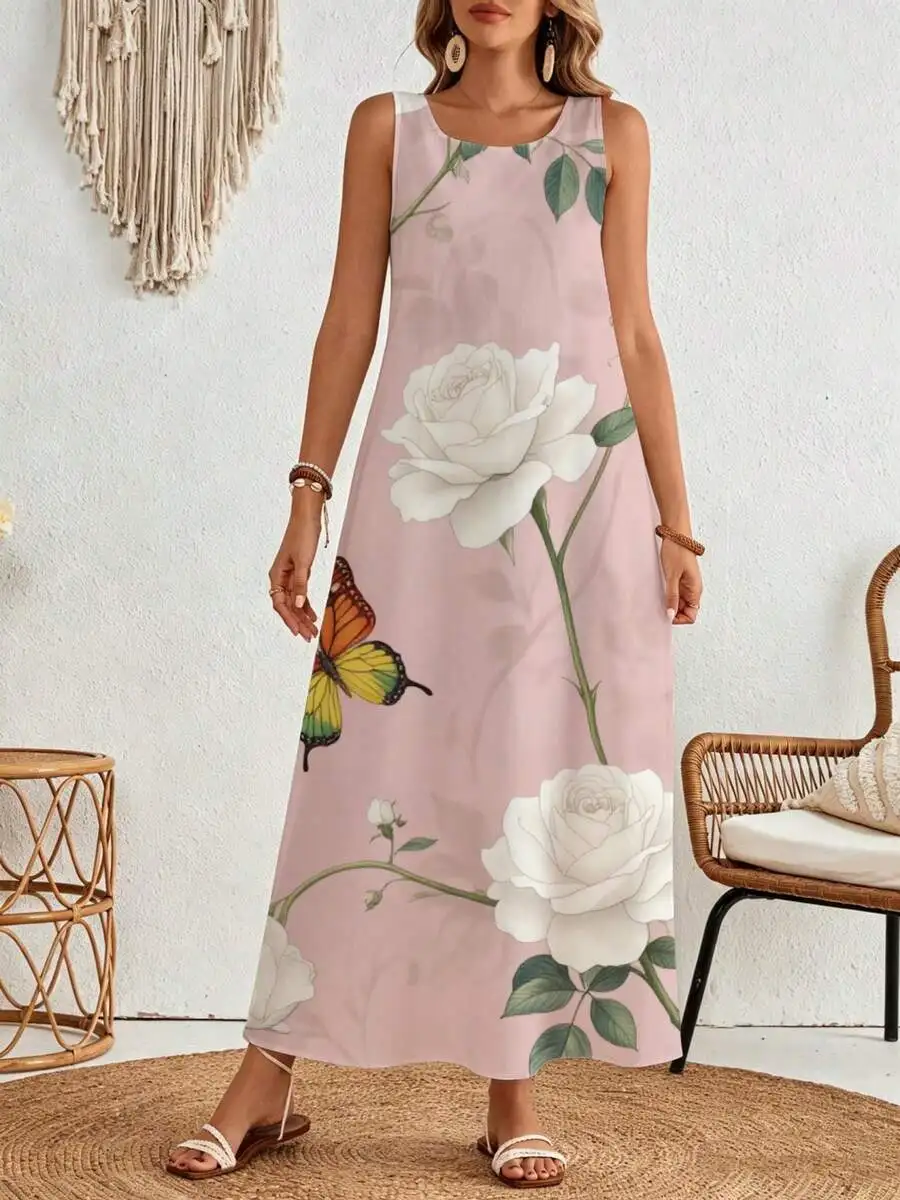 

Pink Sleeveless Floral Maxi Dress Featuring White Roses And Colorful Butterfly Print For Summer Beach Holiday Casual Style