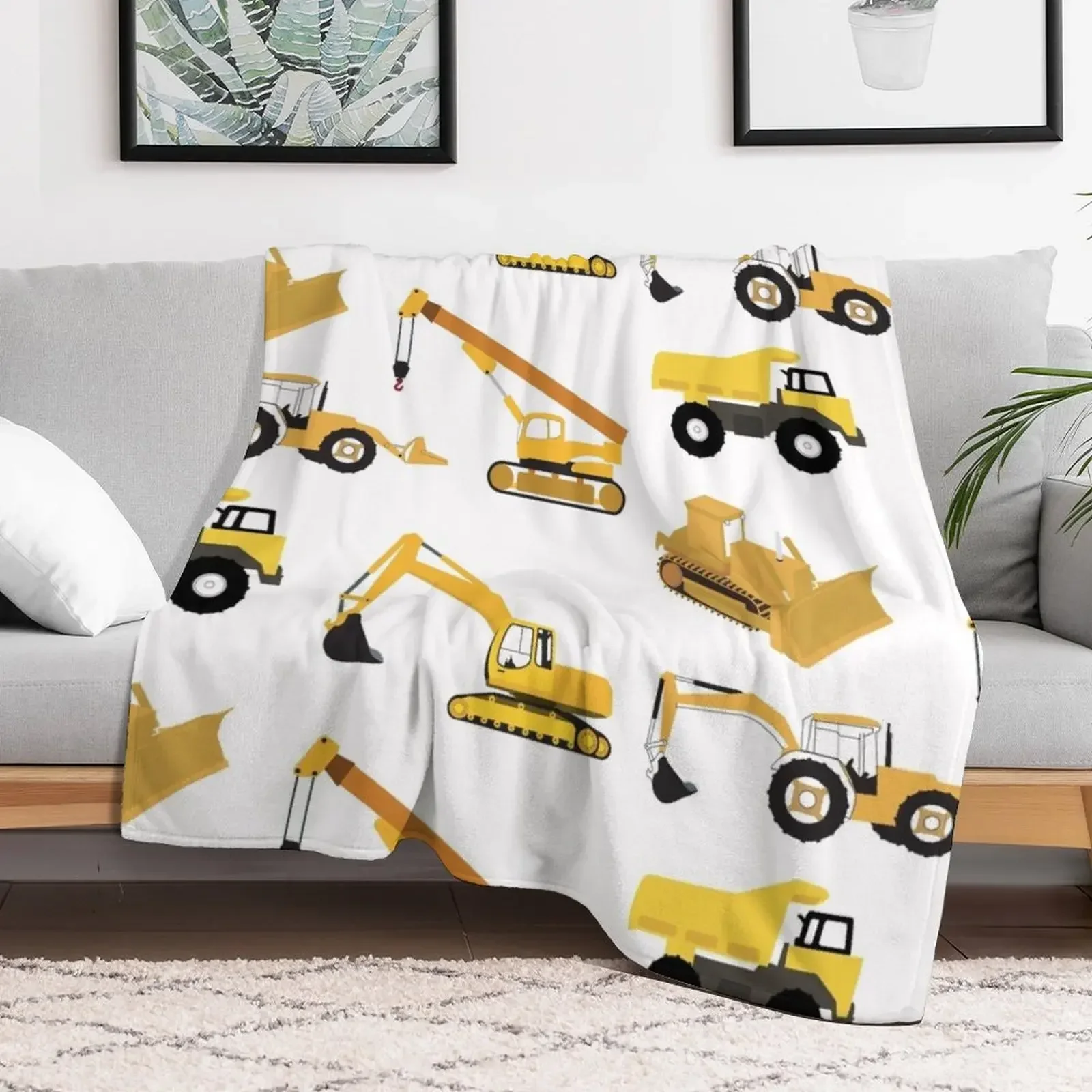 New Construction Trucks - Dump Truck, Excavator, Crane, Bulldozer and Backhoe Throw Blanket For Baby Hairys Soft Plaid Blankets